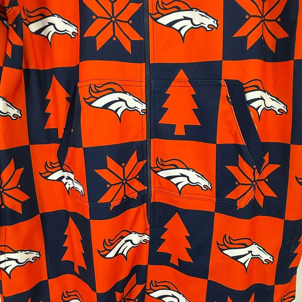 Denver Broncos NFL Football Hooded  Pajamas Suit Mens Sz  Small Orange Blue